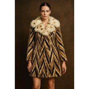 Vintage Marie Enny Real Mink Fur Coat Genuine FoxFur Collar Tiger Stripe Pattern